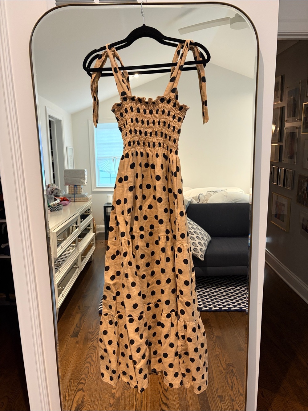 Faithfull the Brand Tan Polka Dot Smocked Maxi Dress